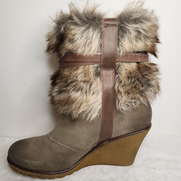 Suede Fur Wedge Heels Boots - Picture 3 of 16